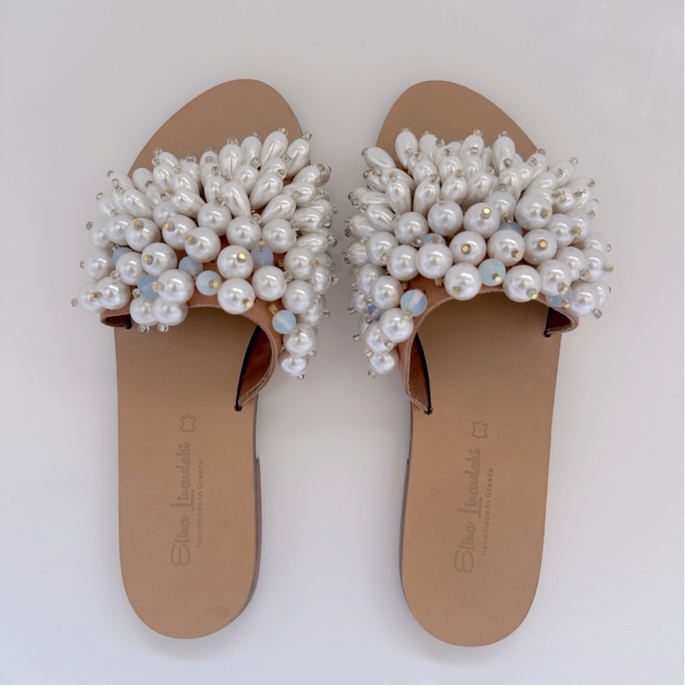 Nwot- Elina Linardaki beaded pearl Lady Di sandals size 9 from greece boho style